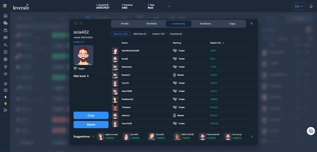 Leverate's SiRiX platform showing social trading