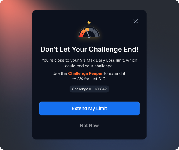 UI pop-up from a prop trading platform offering a 'Challenge Keeper' extension – prompting a forex trader to extend their challenge duration for a fee – illustrating an engagement tool to boost trader retention.