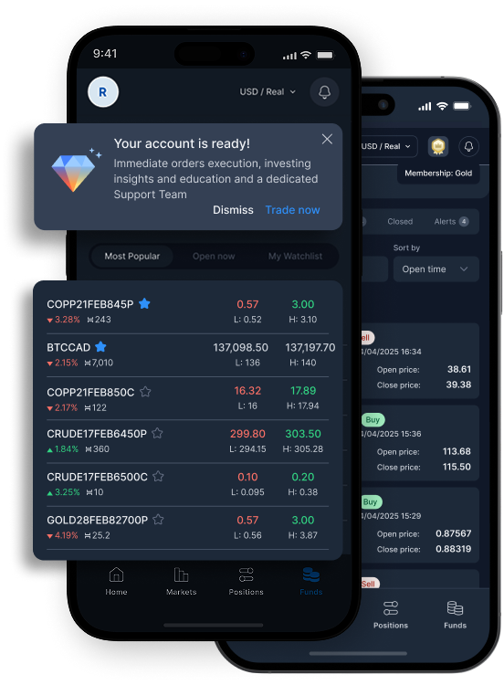Two smartphone screens displaying the Sirix trading app interface with account status and live market data, demonstrating mobile forex trading capabilities.