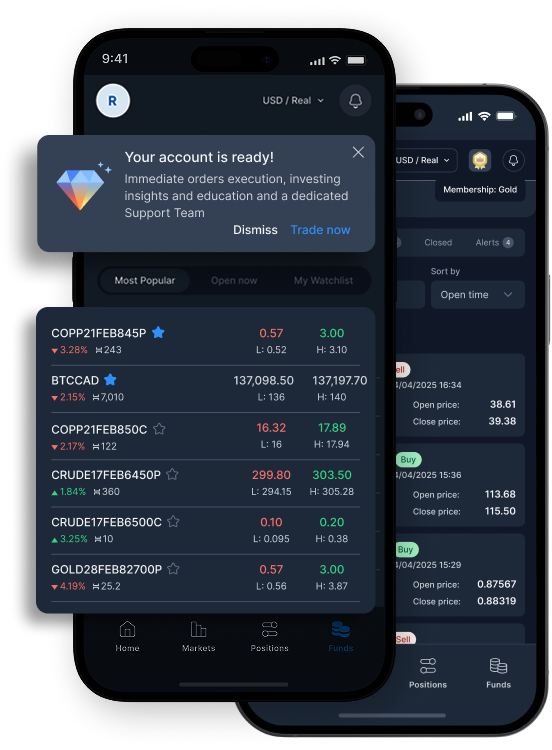 Two smartphone screens displaying the Sirix trading app interface with account status and live market data, demonstrating mobile forex trading capabilities.