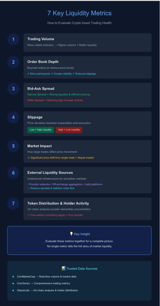 7 key liquidity metrics of crypto asset trading health.
