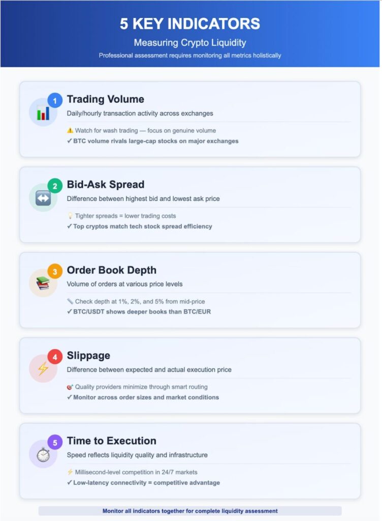 Infographic demonstrating 5 key indicators of measuring crypto liquidity